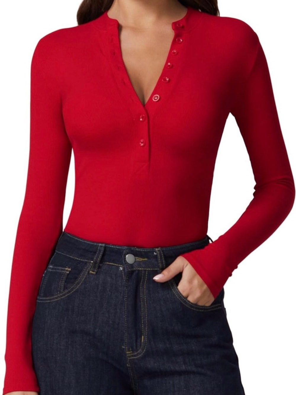 Women’s Red Long-Sleeve Henley Rib Knit Top